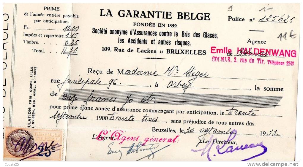 VIEUX PAPIER - ASSURANCE - La Garantie Belge à BRUXELLES - Banco & Caja De Ahorros