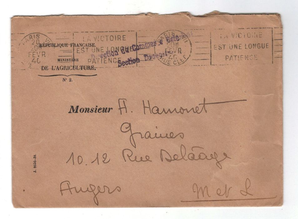 France: Lettre De 1940, Avec Flamme Et Cachet à Texte, R B V, Du Ministère De L’Agriculture, Pour Le Maine Et Loire - Cartas Civiles En Franquicia