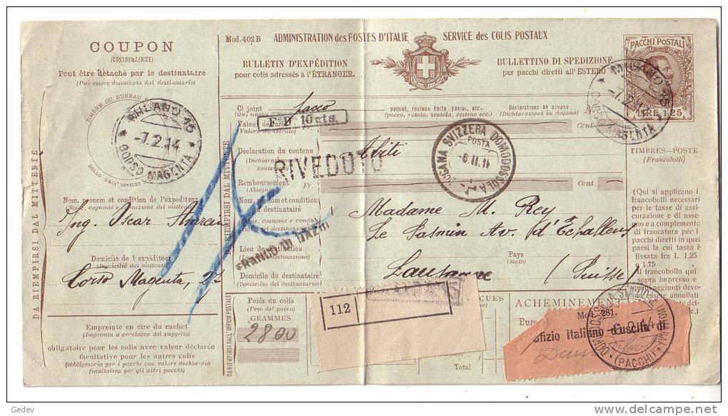 Entier Postal Pour Colis, Milano-Lausanne (112) - Corée (...-1945)