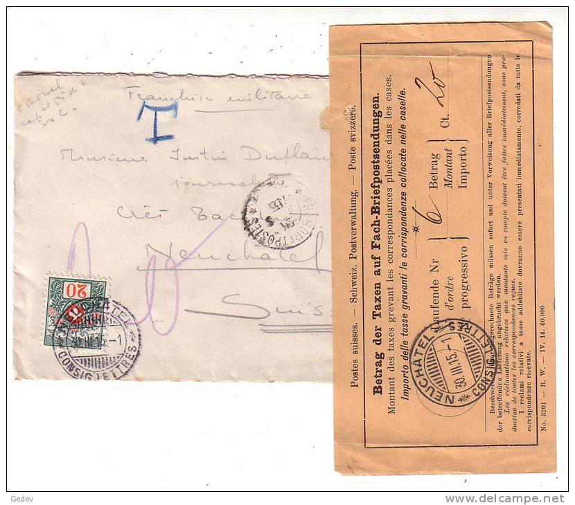 Lettre Militaitre France-Suisse Taxée à Neuchâtel (30315) - Lettres & Documents