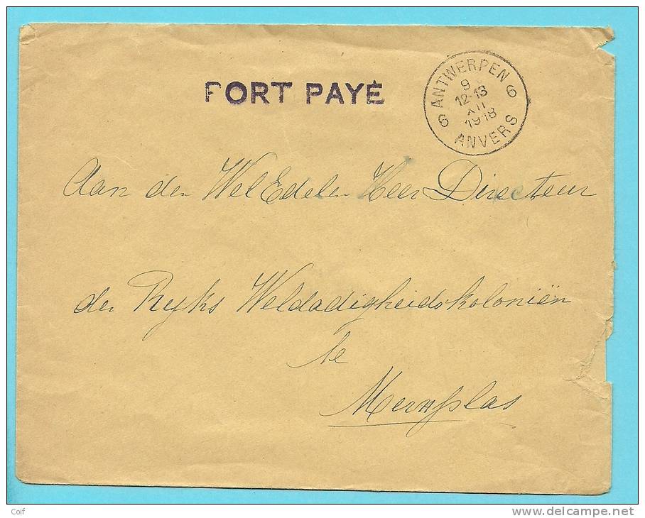 Brief Met Cirkelstempel ANTWERPEN / ANVERS 6 Met Stempel PORT PAYE In Violet !!! (noodstempel) - Foruna (1919)