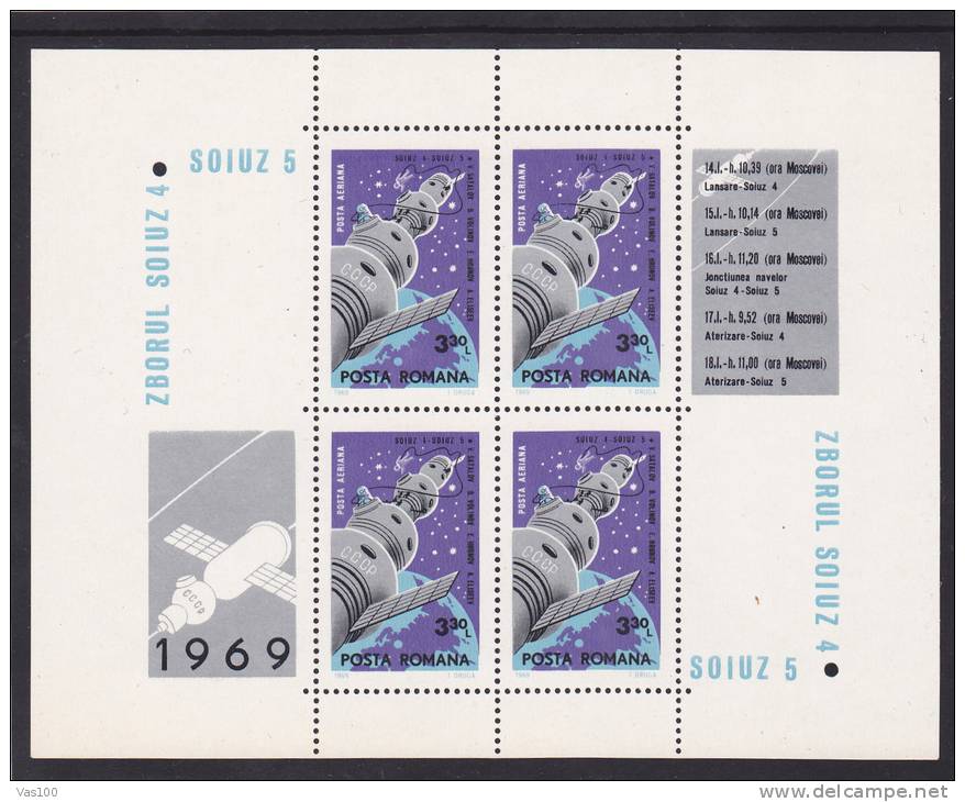 COSMOS,ESPACE,SOIUZ 4 & 5,BLOCK,1969  ** MNH,Yv.#72,Mi.68,ROMANIA. - Europe