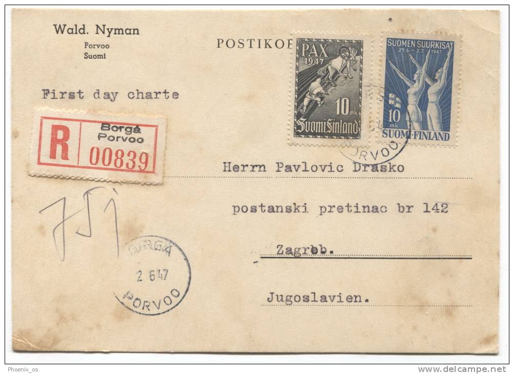 FINLAND, Suomi - Porvoo, Registered Postcard To The Croatia , 1947. - Used Stamps