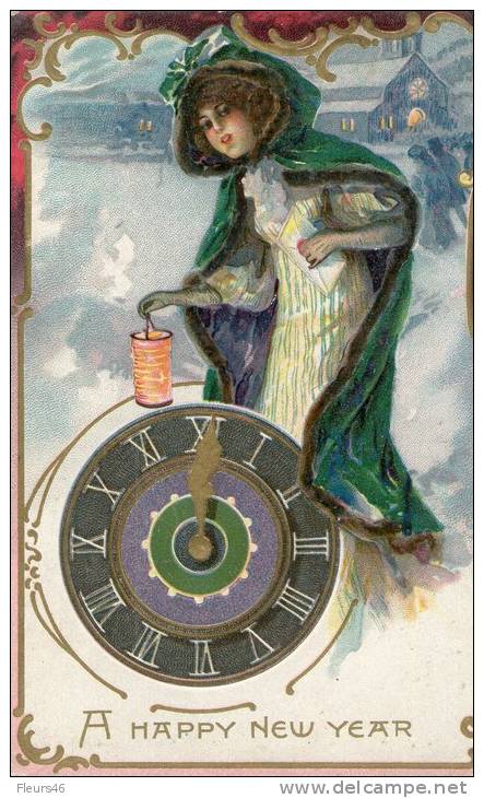 R. TUCK : Art Nouveau Gaufrée . Femme, Lampion, Pendule . - New Year