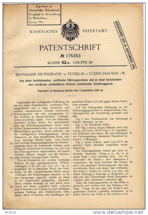 Original Patentschrift - B. Hunsemann In Tetekum B. Lüdinghausen I.W., 1905 , Zeichenapparat , Architektur , Zeichnen !! - Architectuur