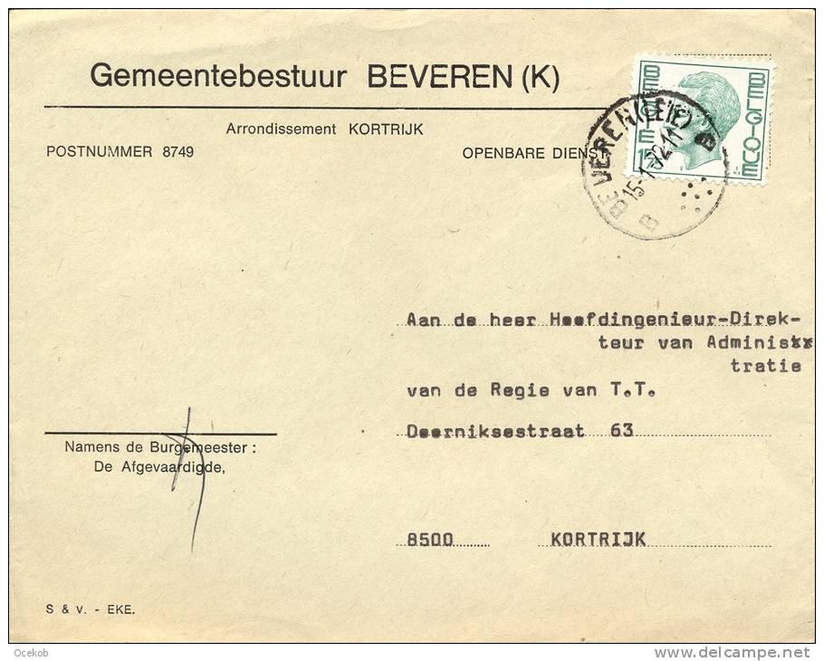 Omslag Enveloppe  Gemeente Beveren 1972 - Postnummer 8749 - Autres & Non Classés