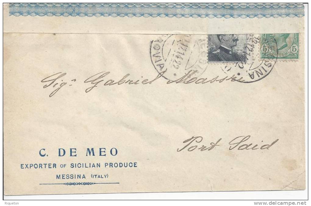 ITALIE - 1914- LETTRE  DE  MESSINA  A  DESTINATION  DE  PORT SAID   - TB  - - Marcophilia