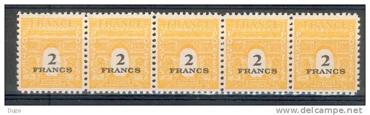 France - 1945 - Bande De 5 Valeurs  - Arc De Triomphe 2 F. Jaune-orange  Y&T N°709 ** Neuf Luxe ( Sans Charnières) - 1944-45 Triomfboog