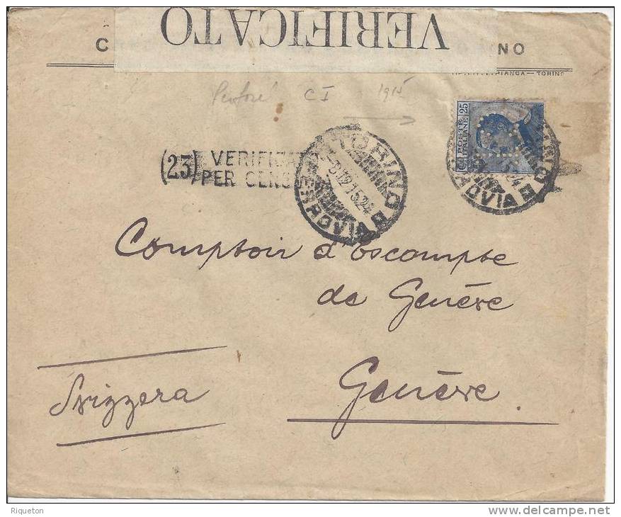 ITALIE - 1915 - LETTRE DE TORINO A DESTINATION DE GENEVE - B/TB - - Macchine Per Obliterare (EMA)