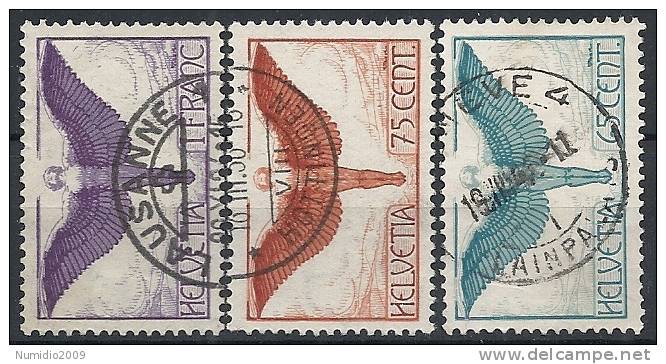 1924-36 SVIZZERA USATO POSTA AEREA ICARO IN VOLO 3 VALORI CARTA ORDINARIA SZ015 - Oblitérés