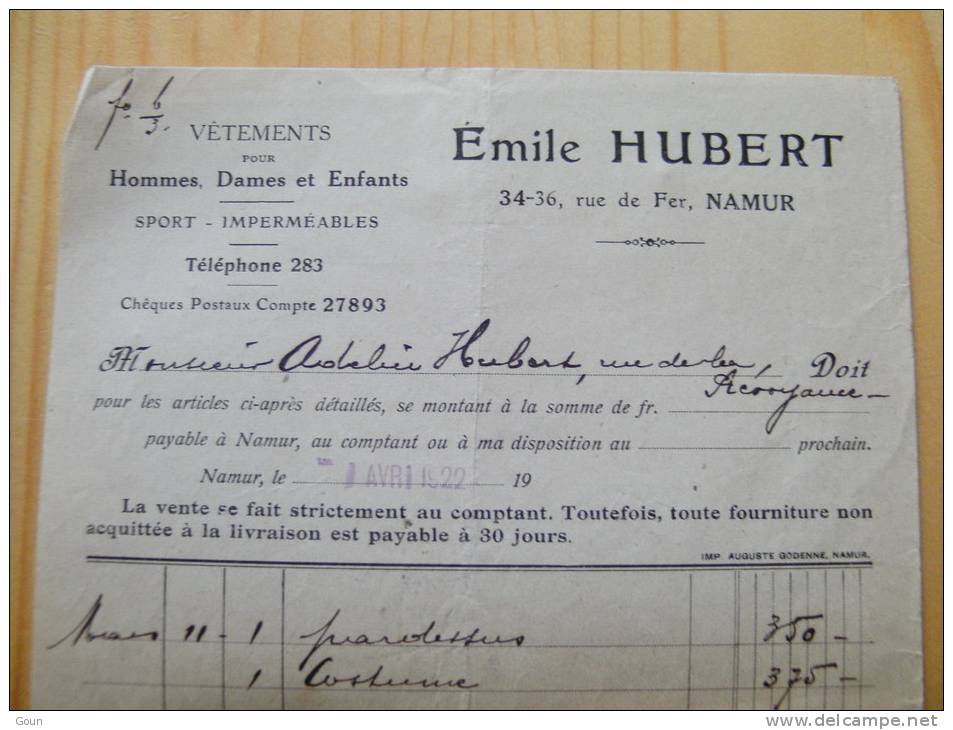 Fac Facture Emile Hubert Namur 1922 Rue De Fer Vêtements (petit Format) - 1900 – 1949