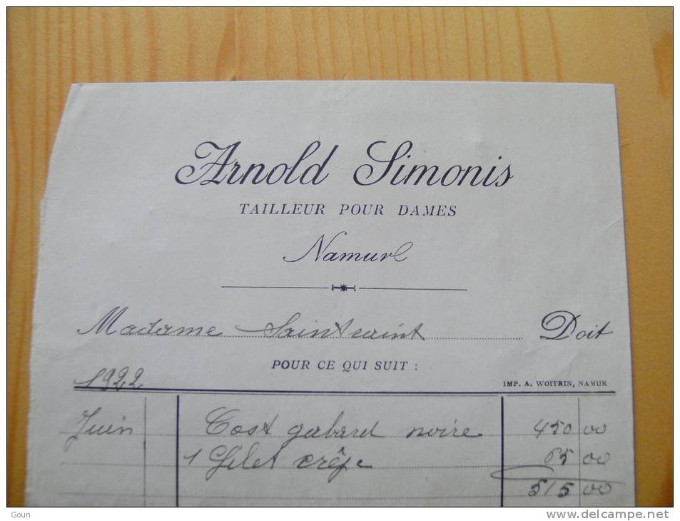 Fac Facture Simonis Namur 1922 Tailleur Pour Dames (petit Format) - 1900 – 1949
