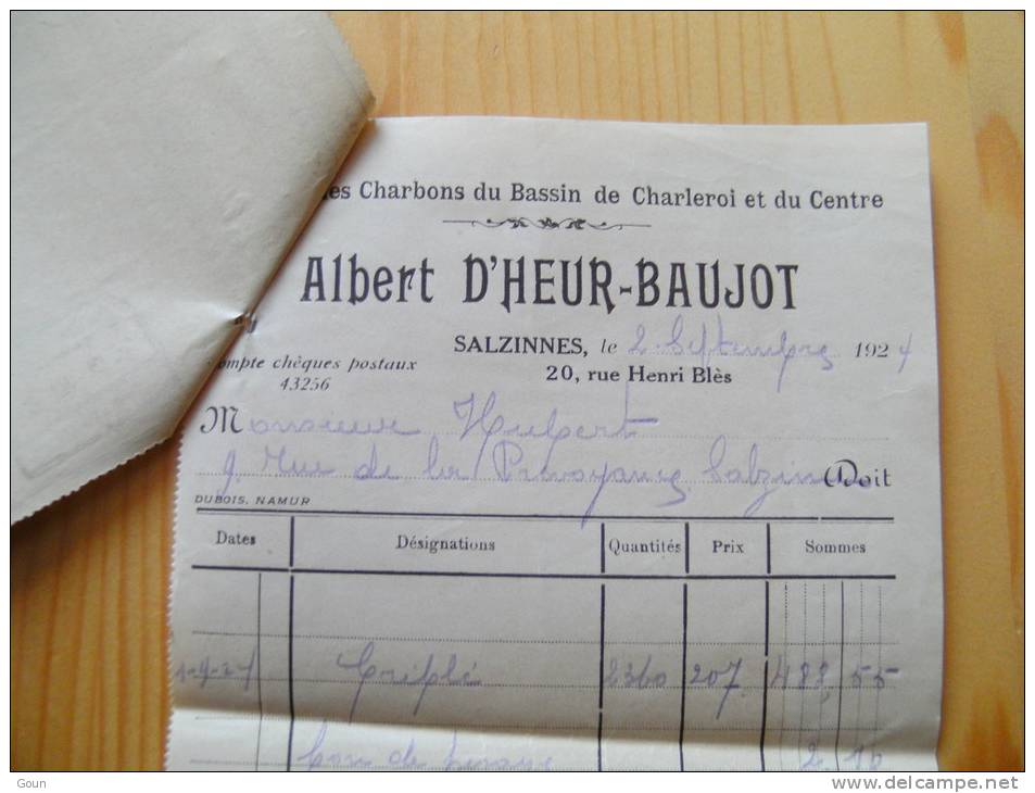 Fac Facture Albert D'heur Baujot Charbons Salzinnes 1924 (petit Format) - 1900 – 1949