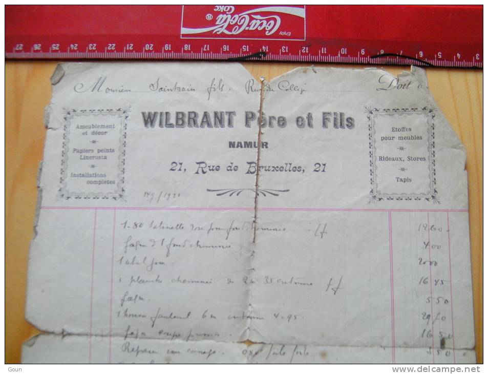 Fac Facture Wilbrant Rue De Bruxelles 21 Namur 1921 Ameublement Papiers Peints Etoffes Tapis - 1900 – 1949