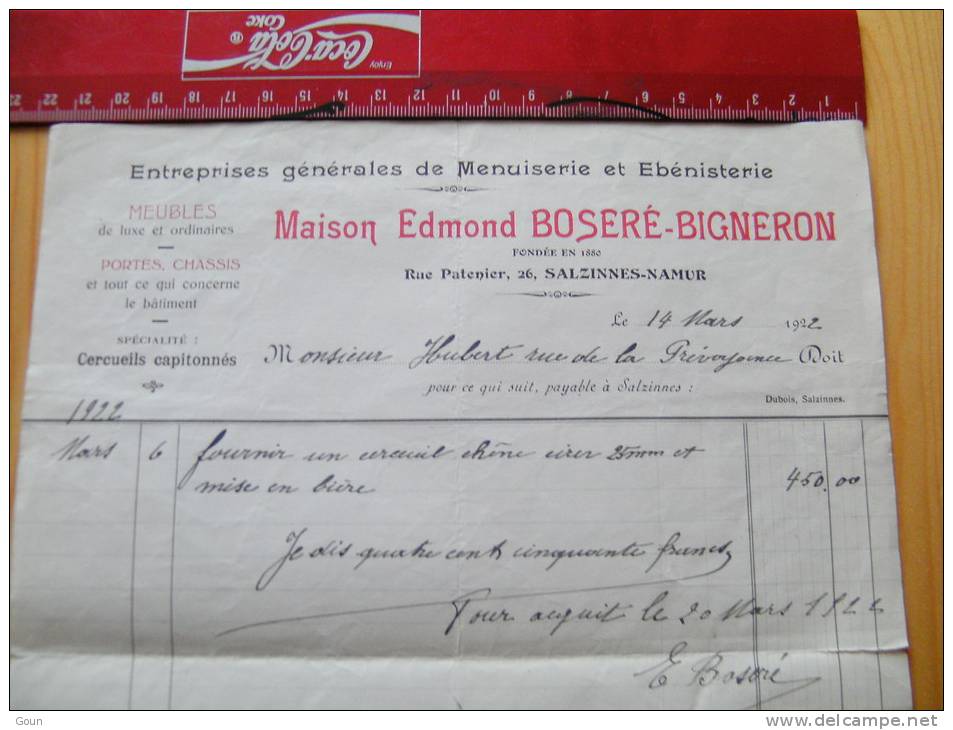 Fac Facture Edmond Boseré Bigneron Salzinnes Namur 1922 - 1900 – 1949