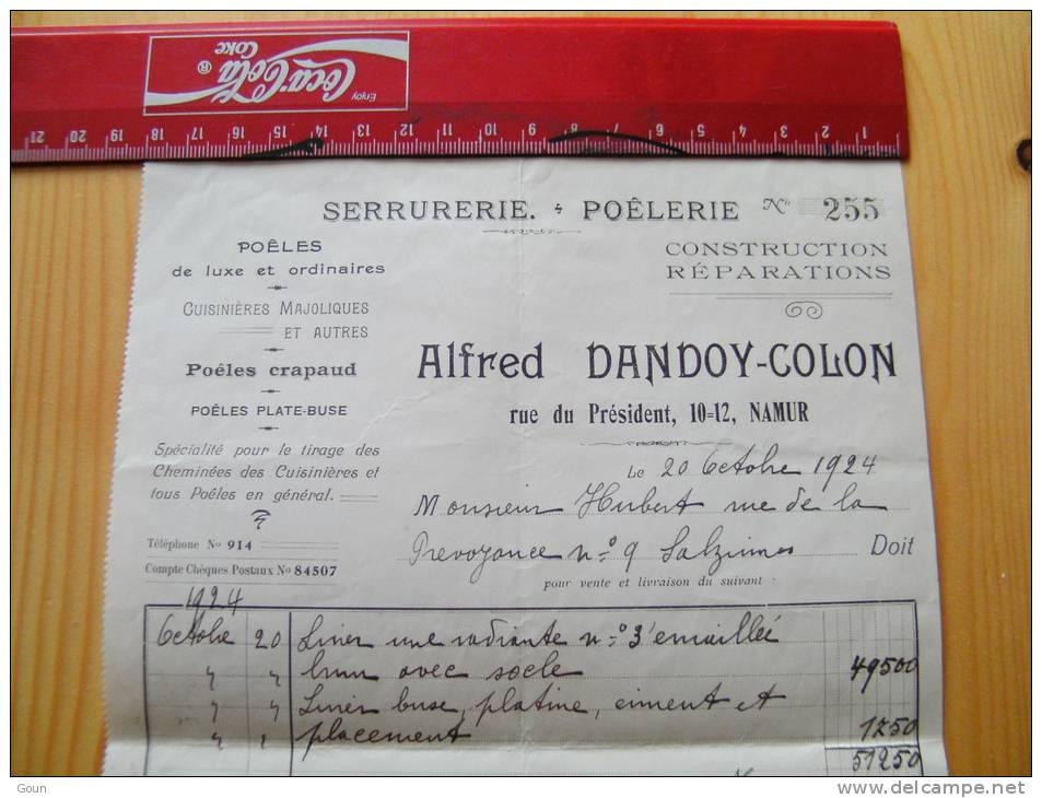 Fac Facture Alfred Dandoy Colon Serrurerie Poêlerie Namur 1924 - 1900 – 1949