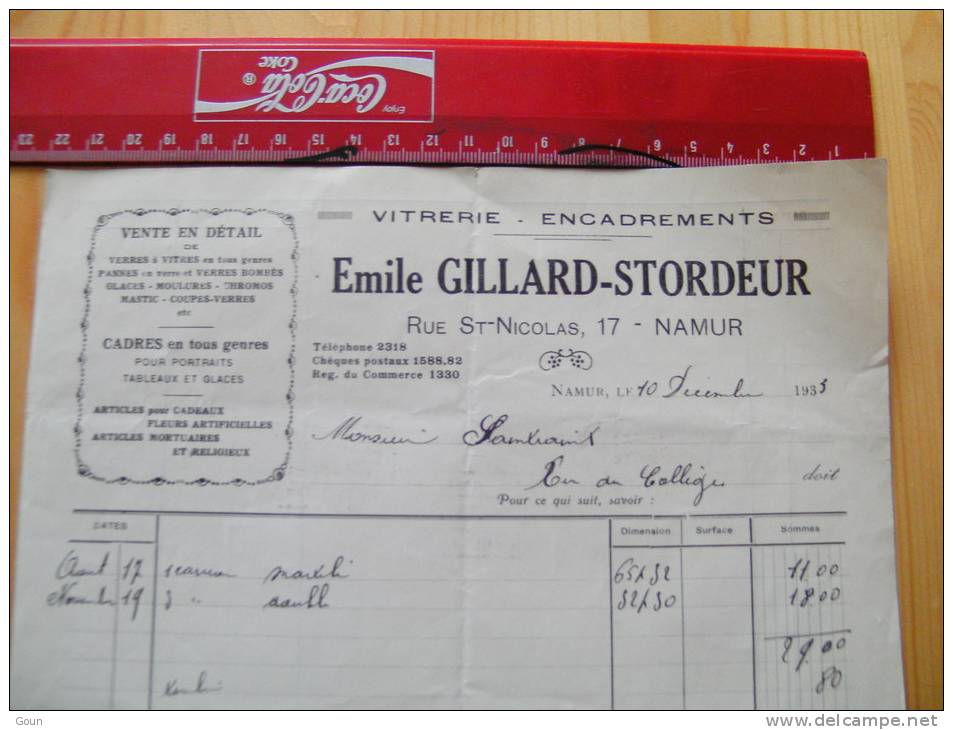 Fac Facture Gillard Stordeur Vitrerie Encadrements Rue S Nicolas Namur 1933 - 1900 – 1949