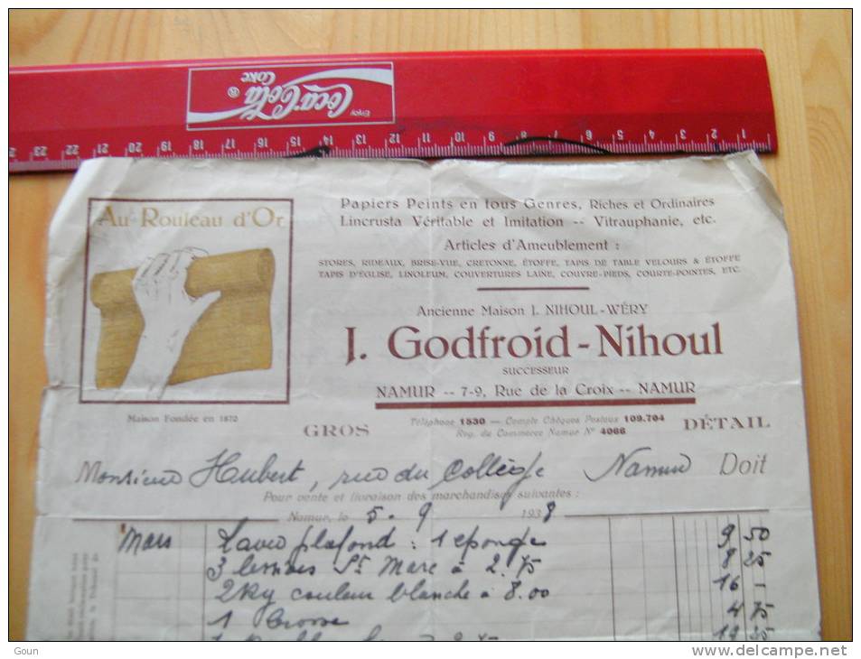 Fac Facture Godfroid Nihoul Rue De La Croix Namur 1938 Papiers Peints Au Rouleau D'or - 1900 – 1949