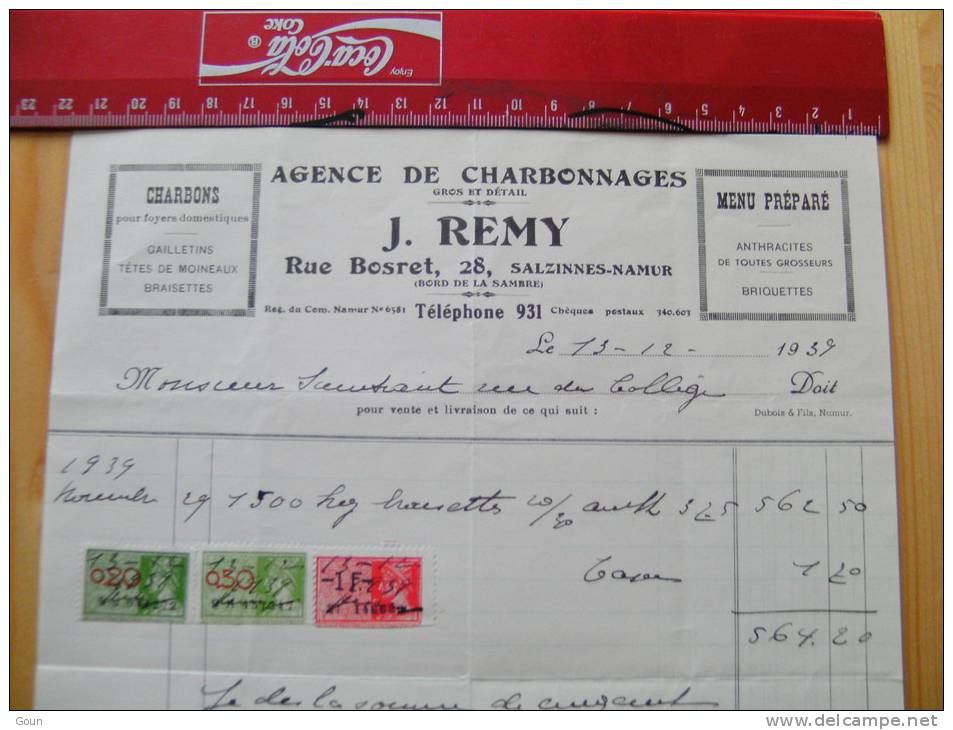 Fac Facture Agence Charbonnages J Remy Salzinnes Namur 1939 Charbons - 1900 – 1949