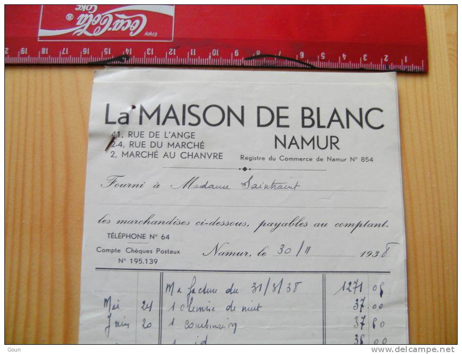 Fac Facture La Maison Du Blanc à Namur 1938 - 1900 – 1949