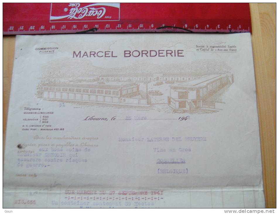 Fac Facture Marcel Borderie Libourne 1942 Vins En Gros - 1900 – 1949