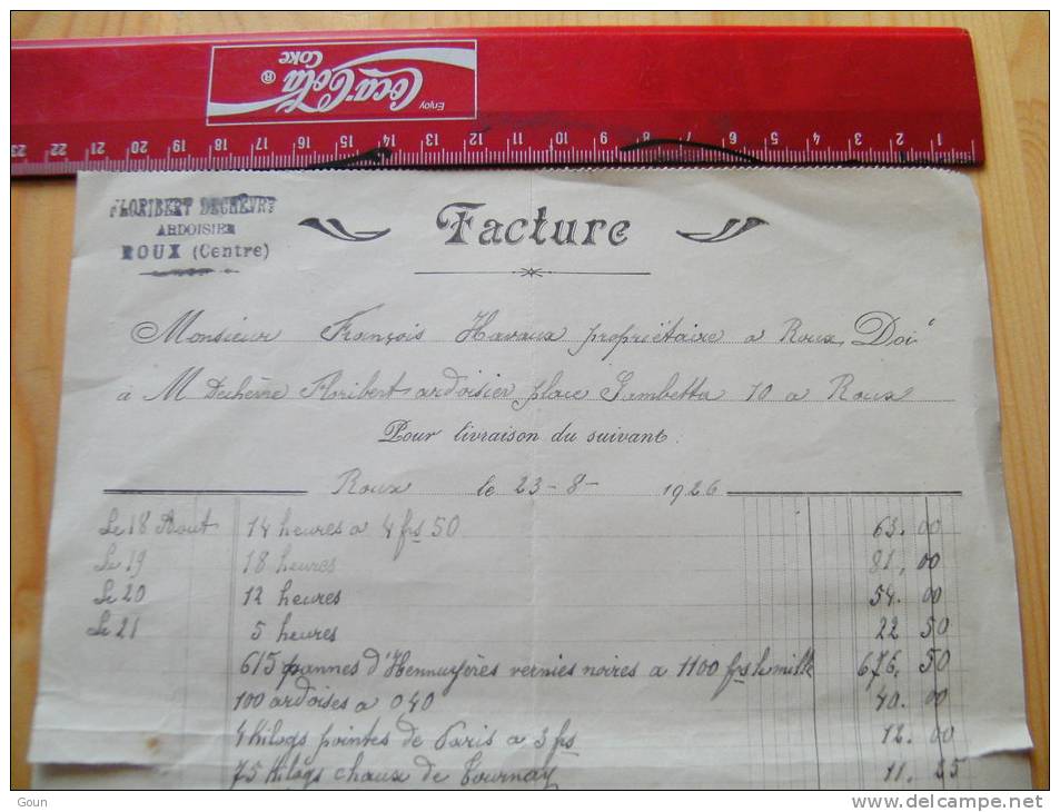 Fac Facture Floribert Dechevre Ardoisier à Roux Centre 1926 - 1900 – 1949