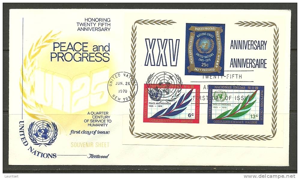 United Nations New York  26.06.1970 FDC Naciones Unidas UN Service To Humanity With Block - Lettres & Documents