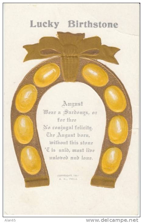 August Birthday Greetings, Birthstone Sardonyx Luck Horseshoe C1900s Vintage Embossed Postcard - Birthday