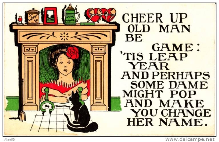 Leap Year Greetings, Black Cat Woman In Fireplace, Nice Graphic Design Theme, C1910s/20s Vintage Postcard - Other & Unclassified
