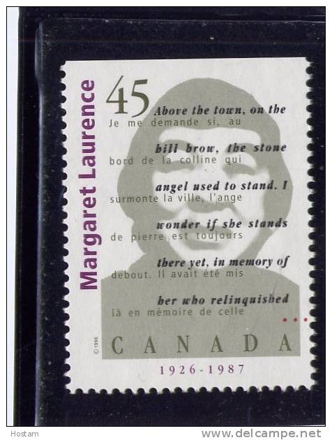 CANADA.1996, USED # 1622 ,    CANADIAN AUTHOR: MARGARET LAURENCE - Single Stamps