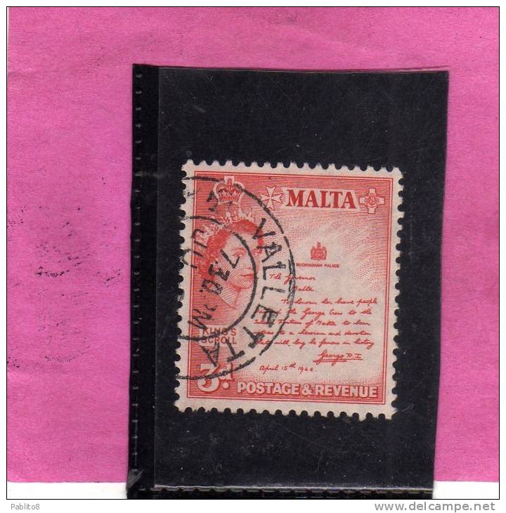 MALTA GREAT BRITAIN GRAN BRETAGNA 1956 QUEEN ELISABETH II THE KING´S SCROLL - REGINA ELISABETTA ROTOLO DEL RE USED - Malte (...-1964)