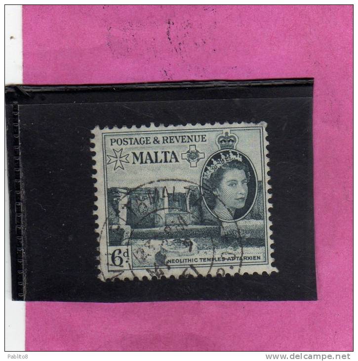 MALTA GREAT BRITAIN GRAN BRETAGNA 1956 QUEEN ELISABETH II NEOLITHIC TEMPLES TARXIEN - REGINA ELISABETTA TEMPLI USED - Malte (...-1964)