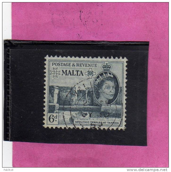 MALTA GREAT BRITAIN GRAN BRETAGNA 1956 QUEEN ELISABETH II NEOLITHIC TEMPLES TARXIEN - REGINA ELISABETTA TEMPLI USED - Malta (...-1964)