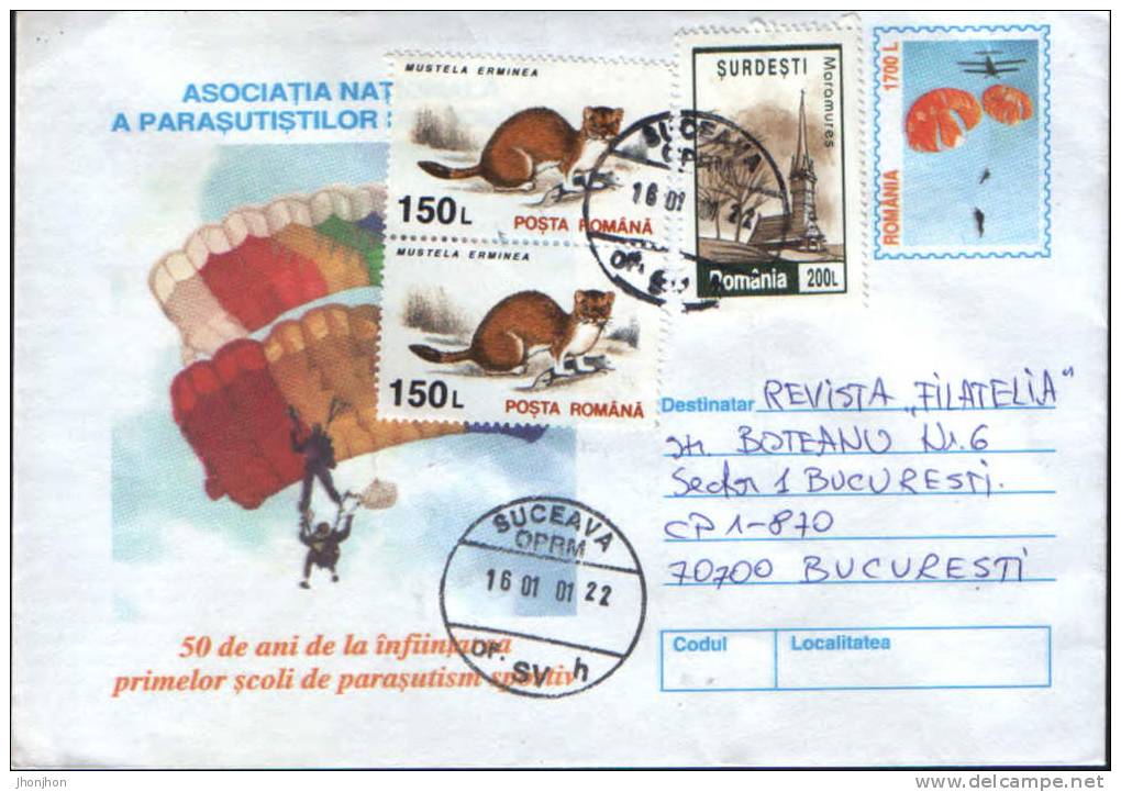 Romania-Postal Stationery Envelope 2000-Parachute Jumping;Parachutisme;Fallschirmspringen - Parachutting