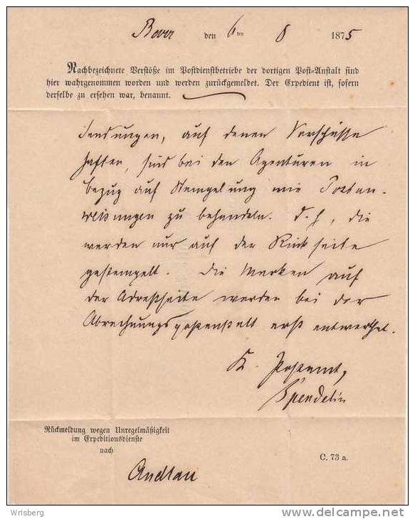 LAC Du 7.8.1875 BARR Sur Avis "Postsache" - Concerne Des Irrégularités Dans Le Service - Altri & Non Classificati