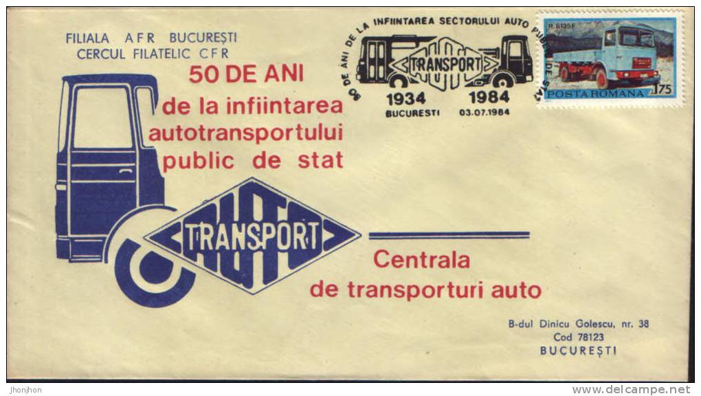 Romania-Occasionally Envelope 1984-Truck And Bus;Camions Et Autobus; Lastwagen Und Bus. - Bus