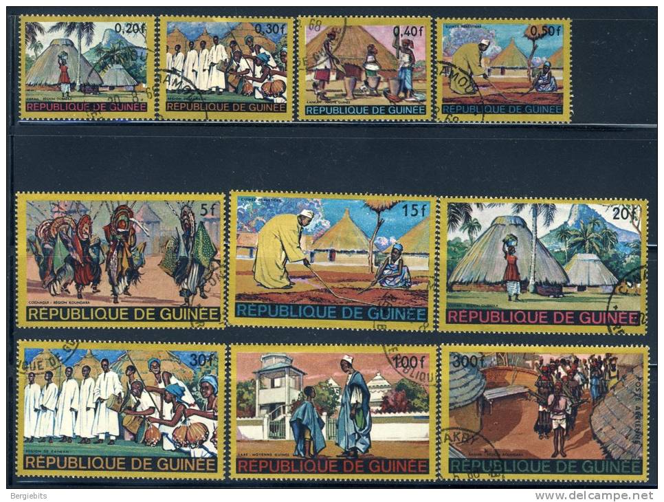 1968 Guinea Set Of 10 Stamps Including The 2 High Values With Scenes Of Life In An African Village, Used - Guinea (1958-...)