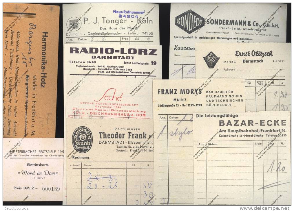 RECHNUNG : 9 Stück Frankfurt Mainz Darmstadt Köln Music Radio Parfümerie Büro & Papier  Bazar Maschinen - 1950 - ...