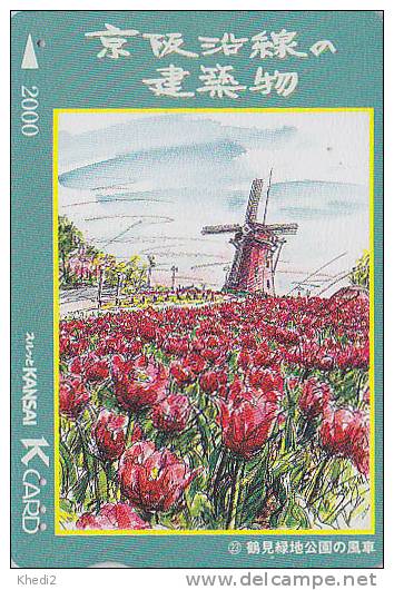 Carte Prépayée JAPON - SERIE K CARD N° 23 - MOULIN & Fleur TULIPE - MILL HOLLAND Rel  JAPAN Card - MÜHLE - 128 - Paysages