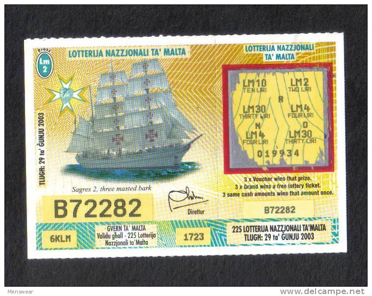 MALTA - THIS IS THE LAST TICKET OF THE LOTTERY IN MALTA / 29th JULY 2003 - Biglietti Della Lotteria