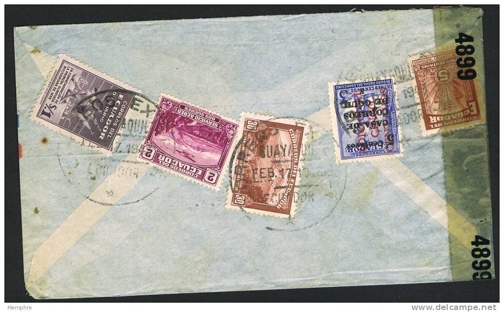 1943  Censored Air Mail Letter To USA   SC 380, 487,  C71, RA49 , RA54 - Equateur
