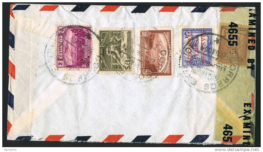 1943  Censored Air Mail Letter To USA   SC 380, 487,  C71, RA49 , RA53 - Equateur