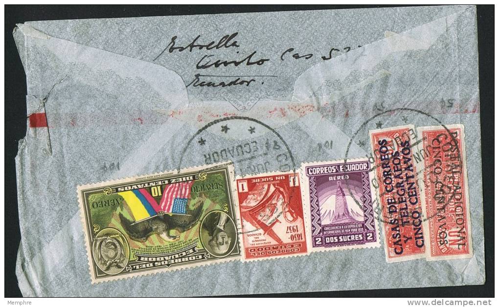 1940  Air Mail  Letter To USA  Sc 375, C59, C85, RA44, RA45 - Ecuador