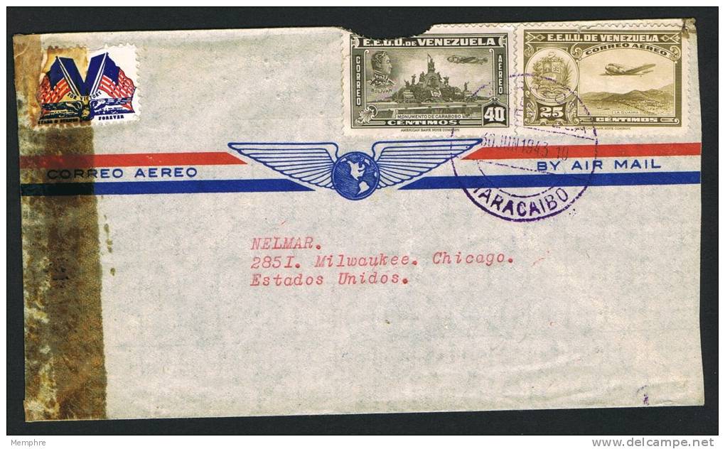 1943  Censored Air Mail Letter To USA  Sc  C87, C139 (damaged) - Venezuela