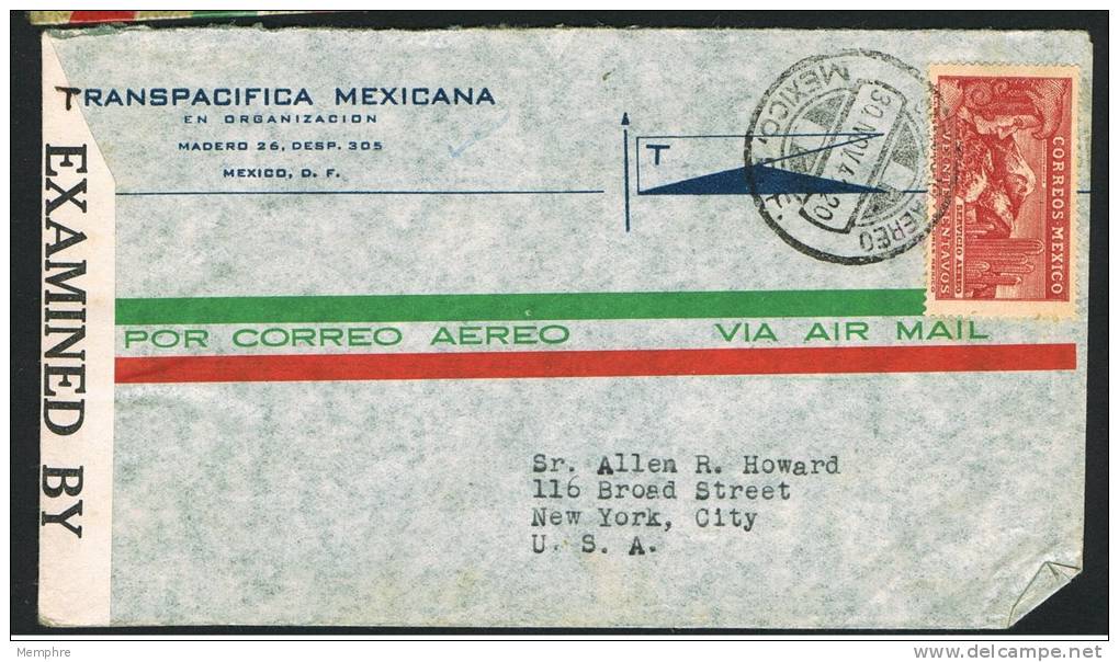 1942  Censored Air Mail Letter To USA  Sc  C68 - Messico