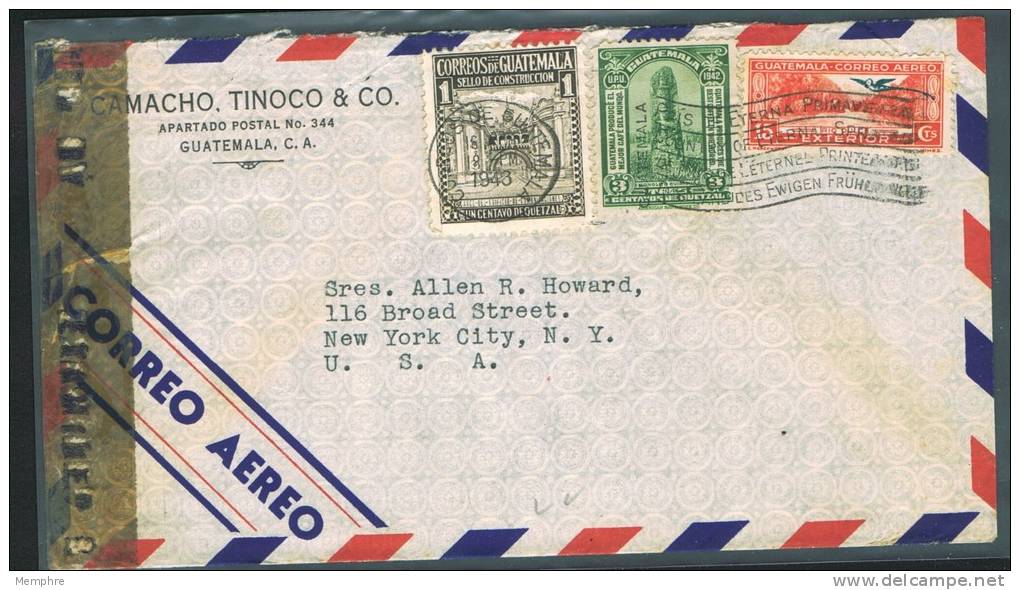 1943  Censored Air Mail Letter To USA  Sc 302, C39, RA20 - Guatemala