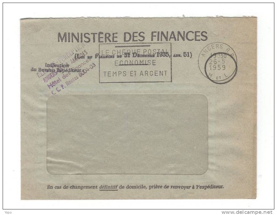 France: Lettre Du « Ministère Des Finances » à Fenêtre, Franchise Civile De 1959, D’Angers, Avec Flamme SECAP - Lettres Civiles En Franchise