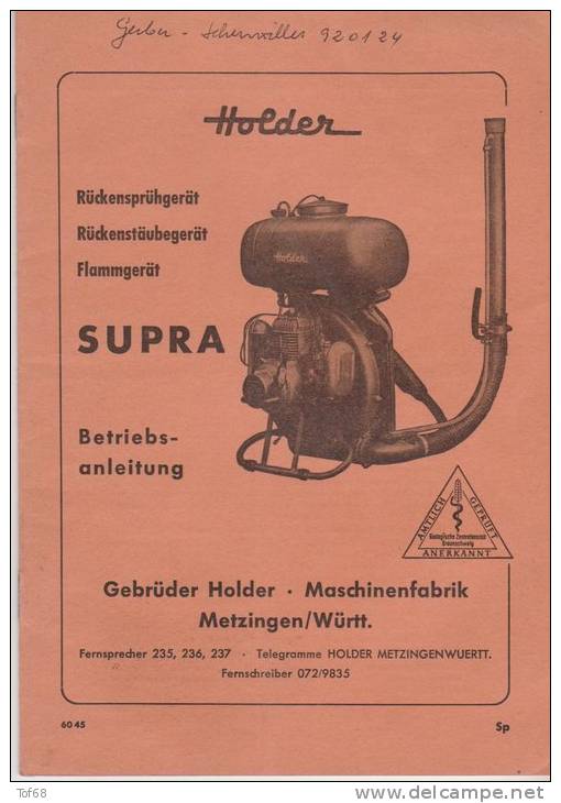 Holder Metzingen Württ 1961 Betriebsanleitung Rückensprügerät - Manuales De Reparación