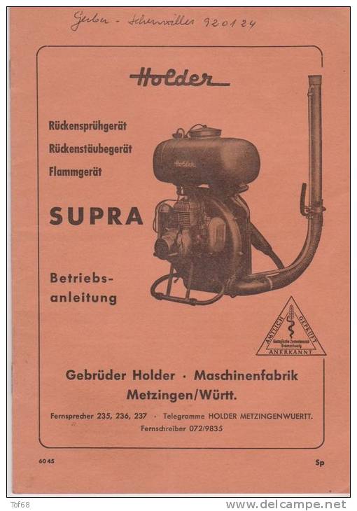 Holder Metzingen Württ 1961 Betriebsanleitung Rückensprügerät - Manuels De Réparation