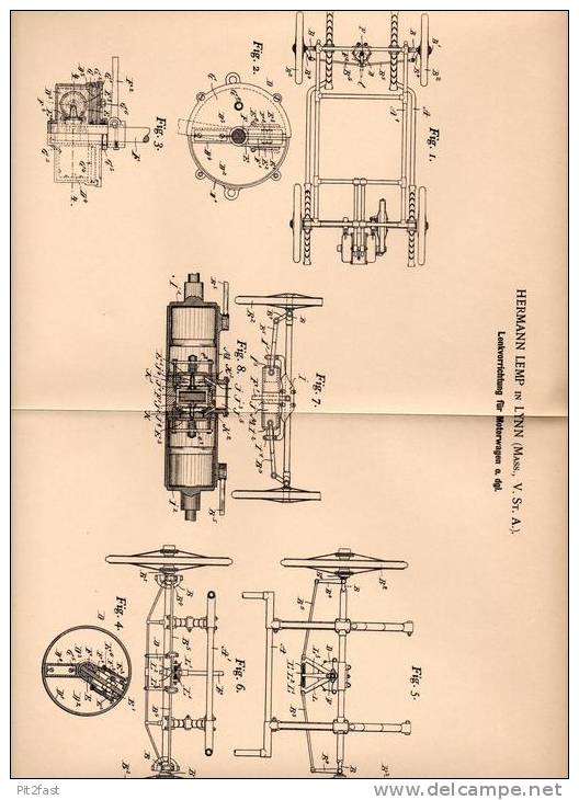 Original Patentschrift - H. Lemp In Lynn  , USA , 1900, Lenkung Für Motorwagen , Automobile !!! - Cars